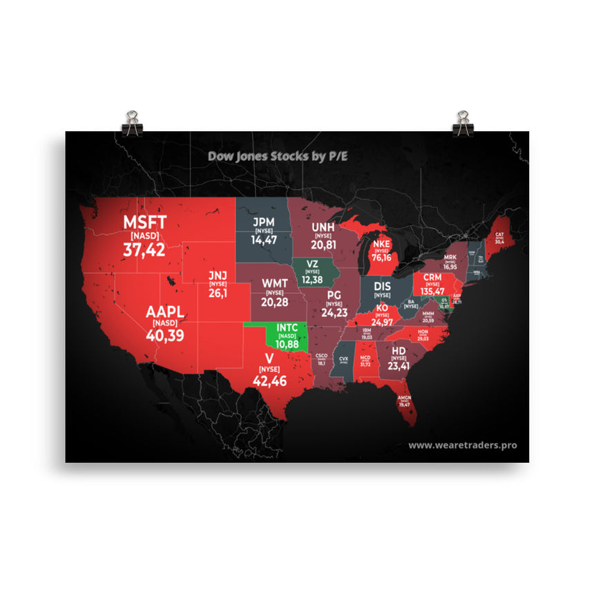 Acciones de Dow Jones por P/E en el mapa de EE.UU.