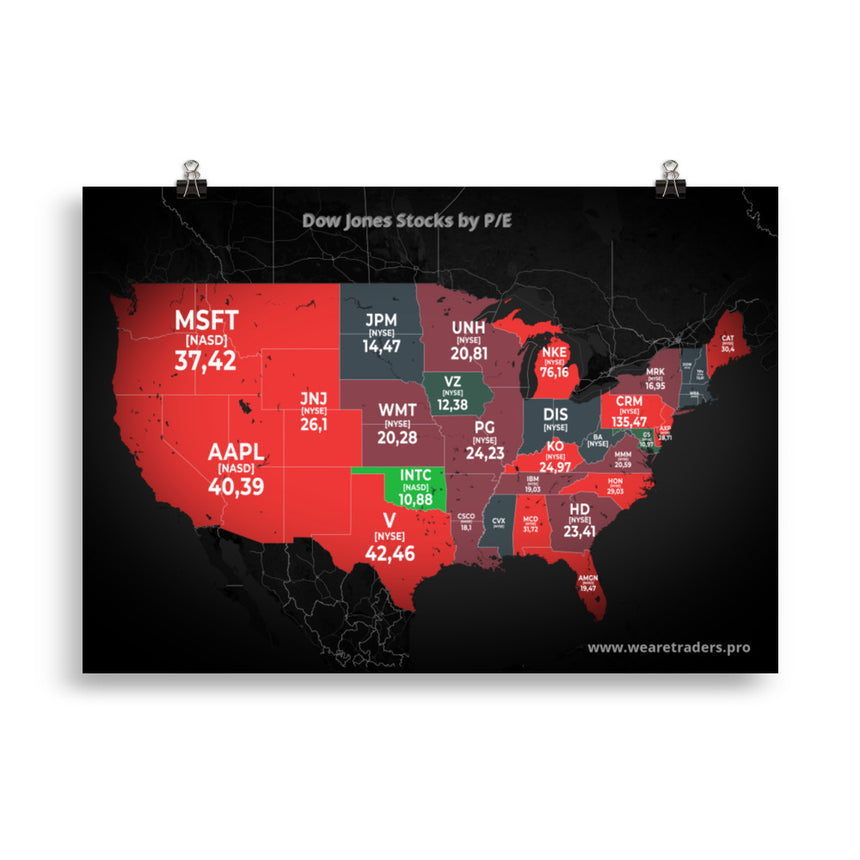 Acciones de Dow Jones por P/E en el mapa de EE.UU.